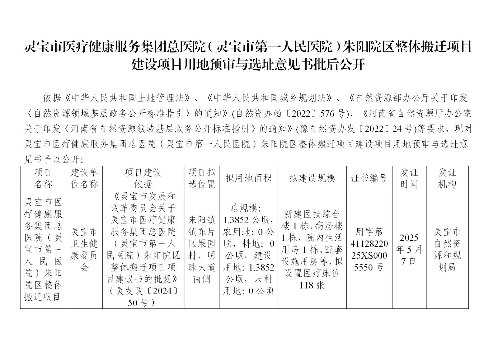 0509灵宝市医疗健康服务集团总医院（灵宝市第一人民医院）朱阳院区整体搬迁项目建设项目用地预审与选址意见书批后公开_01.jpg